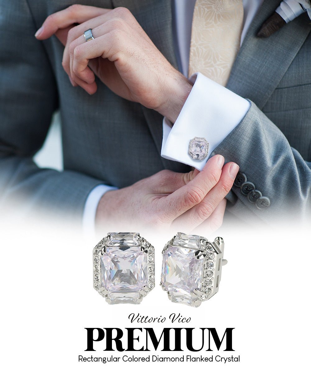 Vittorio Vico Large Rectangular Diamond Flanked Colorstone Crystal Cufflinks: CL 74XX Series - Clear and Silver - Cufflinks - Vittorio Vico