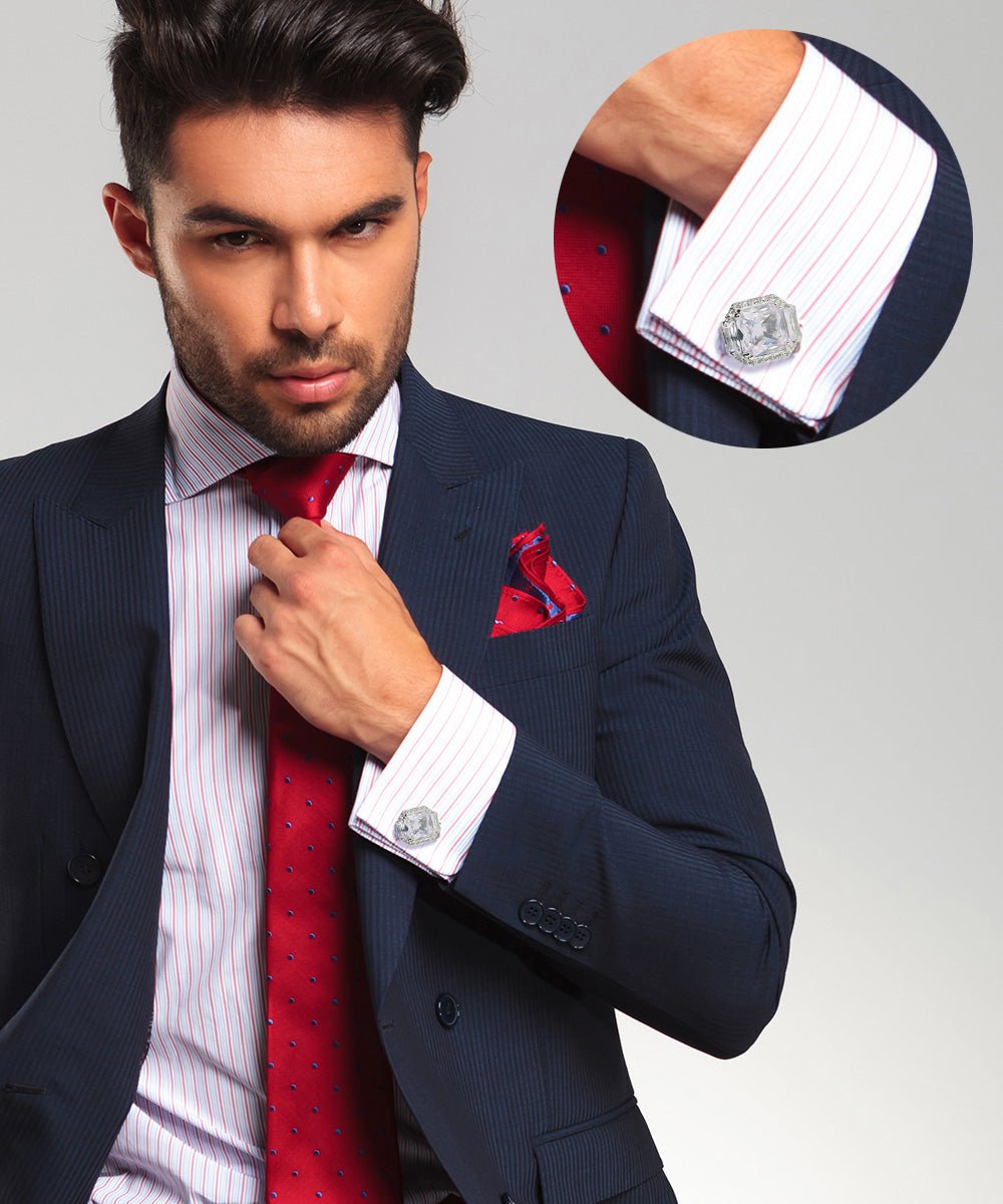 Vittorio Vico Large Rectangular Diamond Flanked Colorstone Crystal Cufflinks: CL 74XX Series - Clear and Silver - Cufflinks - Vittorio Vico
