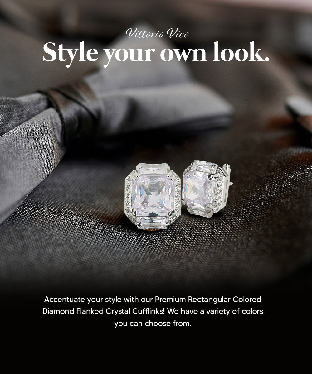 Vittorio Vico Large Rectangular Diamond Flanked Colorstone Crystal Cufflinks: CL 74XX Series - Clear and Silver - Cufflinks - Vittorio Vico