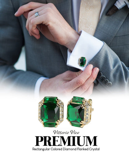 Vittorio Vico Large Rectangular Diamond Flanked Colorstone Crystal Cufflinks: CL 74XX Series - Emerald Green and Gold - Cufflinks - Vittorio Vico