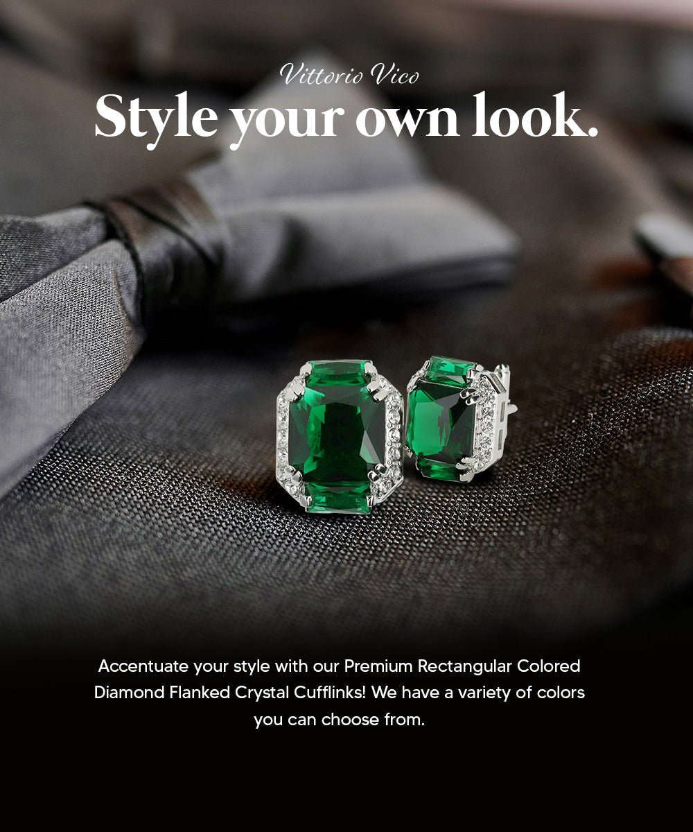 Vittorio Vico Large Rectangular Diamond Flanked Colorstone Crystal Cufflinks: CL 74XX Series - Emerald Green and Silver - Cufflinks - Vittorio Vico