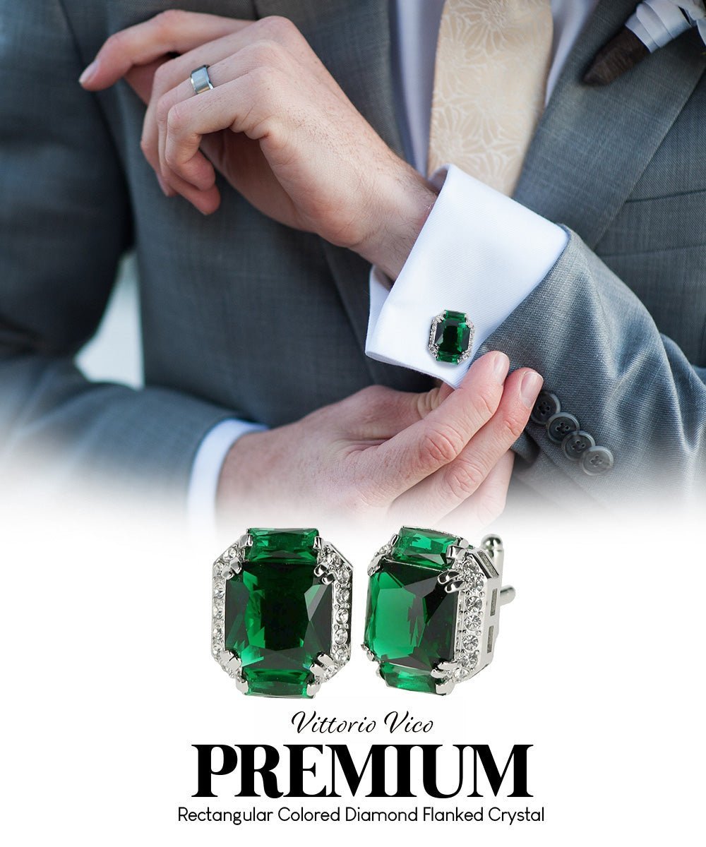 Vittorio Vico Large Rectangular Diamond Flanked Colorstone Crystal Cufflinks: CL 74XX Series - Emerald Green and Silver - Cufflinks - Vittorio Vico