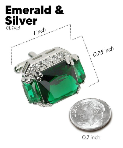 Vittorio Vico Large Rectangular Diamond Flanked Colorstone Crystal Cufflinks: CL 74XX Series - Emerald Green and Silver - Cufflinks - Vittorio Vico