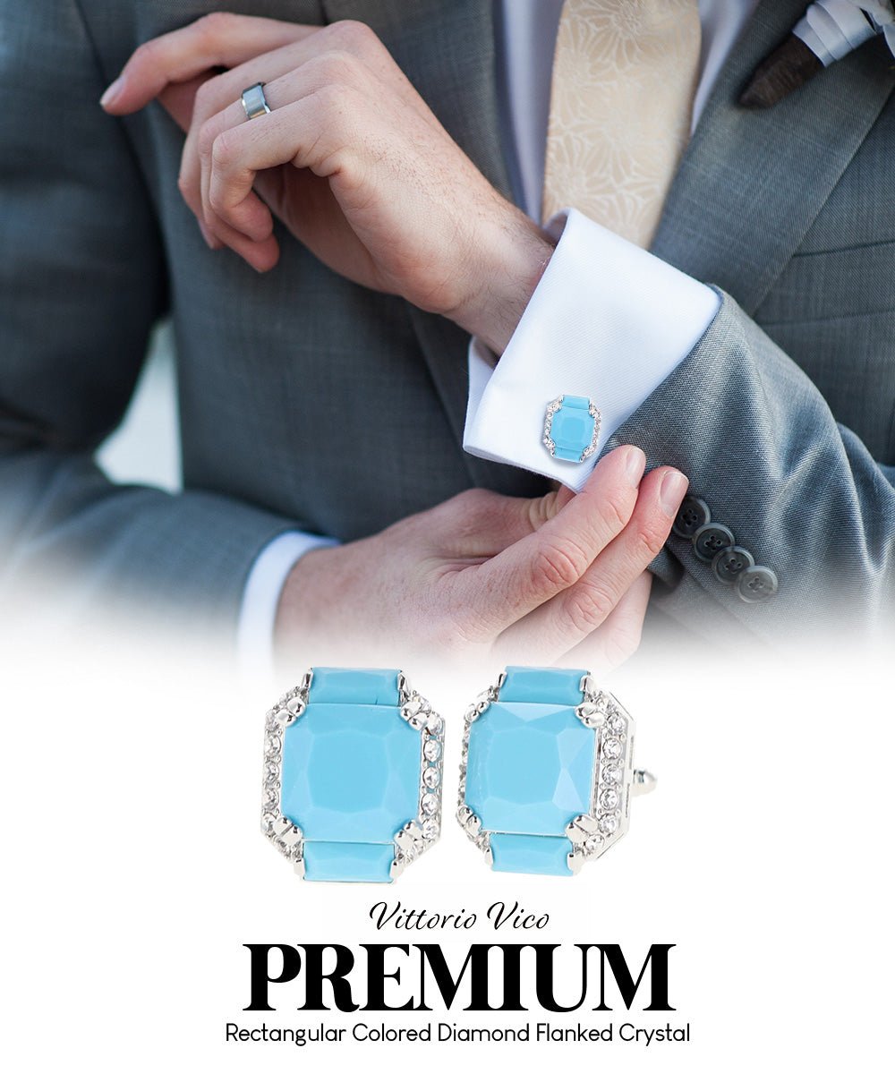 Vittorio Vico Large Rectangular Diamond Flanked Colorstone Crystal Cufflinks: CL 74XX Series - Matte Sky Blue and Silver - Cufflinks - Vittorio Vico
