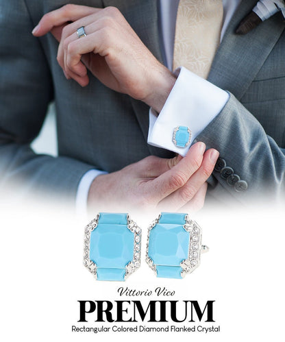Vittorio Vico Large Rectangular Diamond Flanked Colorstone Crystal Cufflinks: CL 74XX Series - Matte Sky Blue and Silver - Cufflinks - Vittorio Vico