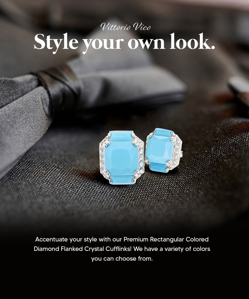 Vittorio Vico Large Rectangular Diamond Flanked Colorstone Crystal Cufflinks: CL 74XX Series - Matte Sky Blue and Silver - Cufflinks - Vittorio Vico