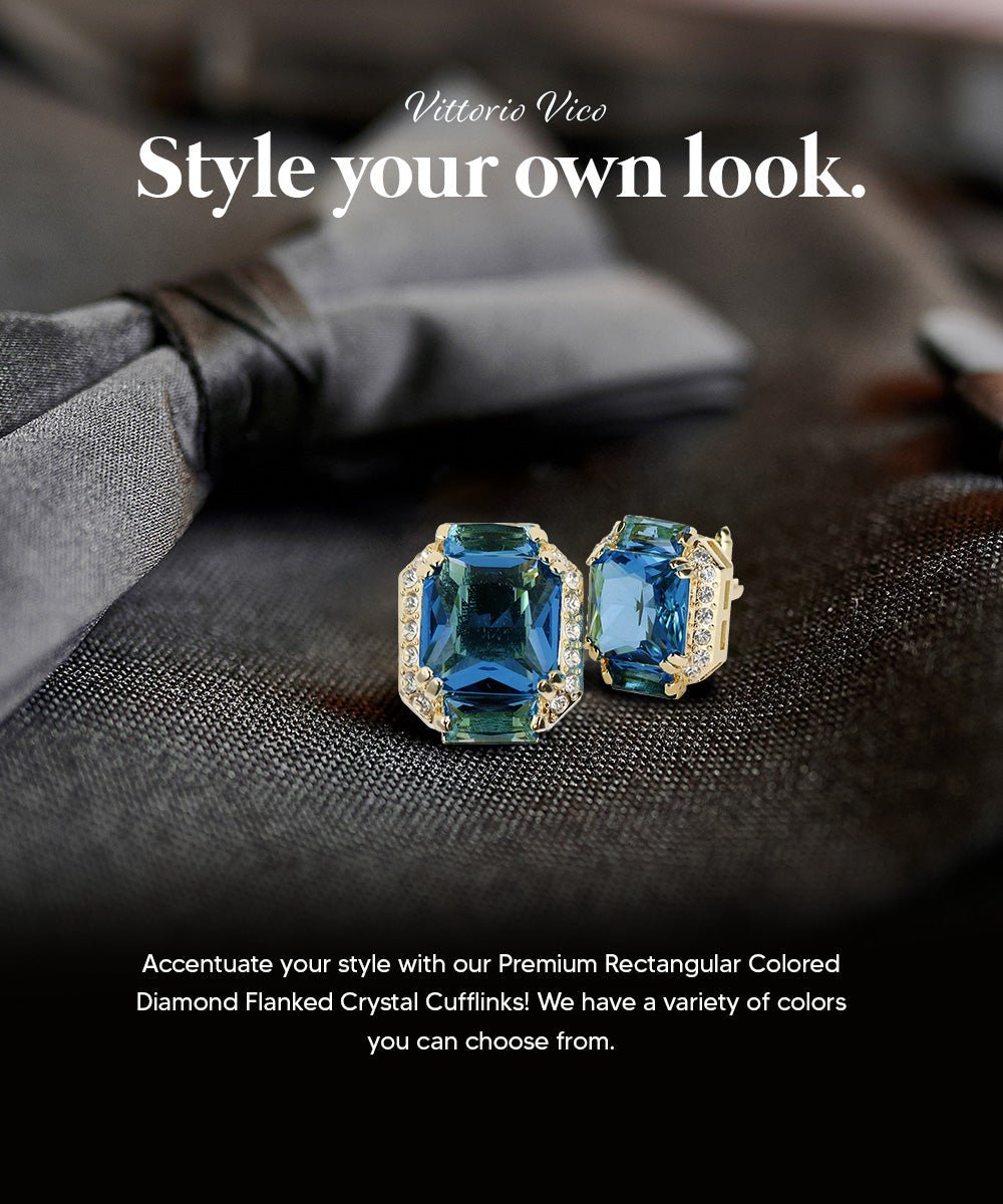 Vittorio Vico Large Rectangular Diamond Flanked Colorstone Crystal Cufflinks: CL 74XX Series - Navy Blue and Gold - Cufflinks - Vittorio Vico