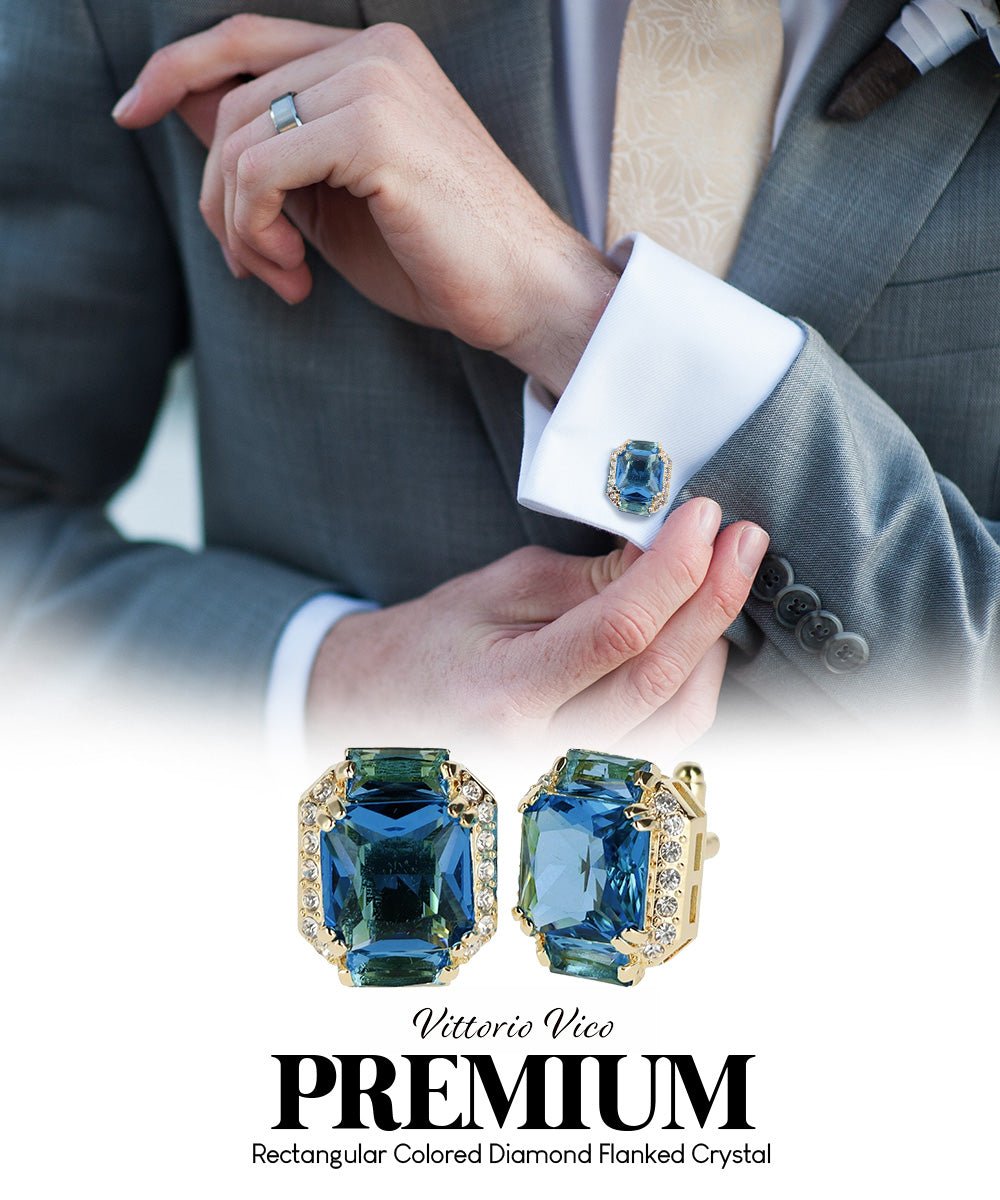 Vittorio Vico Large Rectangular Diamond Flanked Colorstone Crystal Cufflinks: CL 74XX Series - Navy Blue and Gold - Cufflinks - Vittorio Vico
