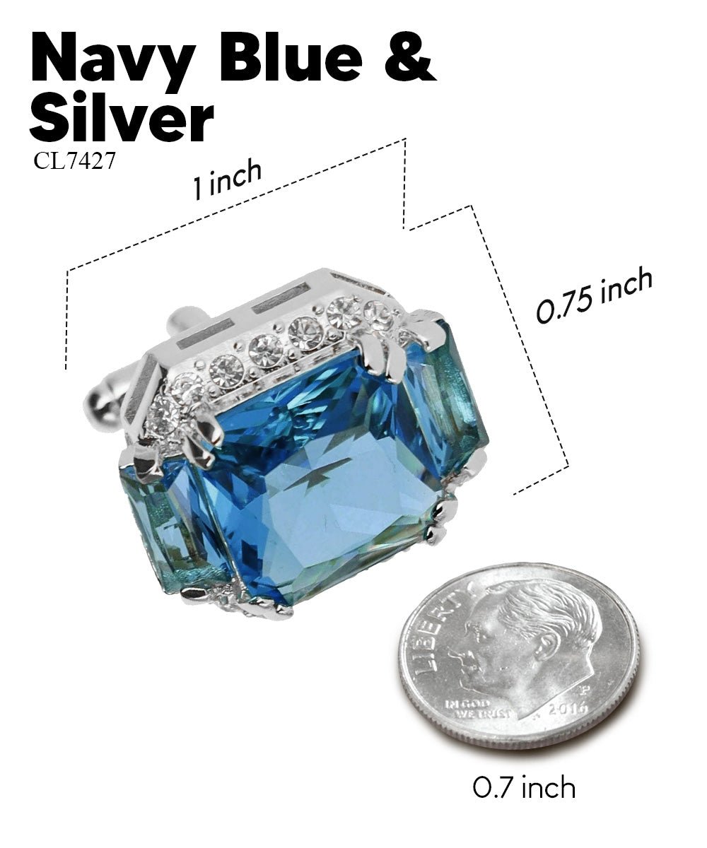 Vittorio Vico Large Rectangular Diamond Flanked Colorstone Crystal Cufflinks: CL 74XX Series - Navy Blue and Silver - Cufflinks - Vittorio Vico
