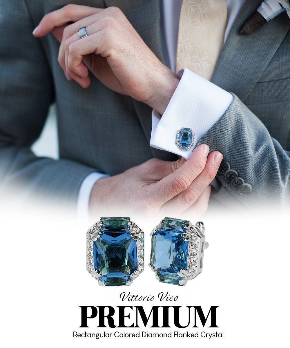 Vittorio Vico Large Rectangular Diamond Flanked Colorstone Crystal Cufflinks: CL 74XX Series - Navy Blue and Silver - Cufflinks - Vittorio Vico