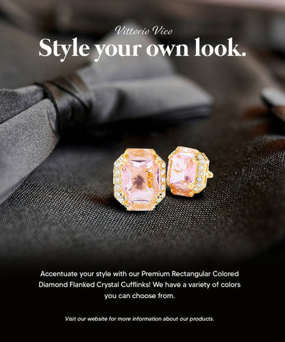 Vittorio Vico Large Rectangular Diamond Flanked Colorstone Crystal Cufflinks: CL 74XX Series - Pink and Gold - Cufflinks - Vittorio Vico