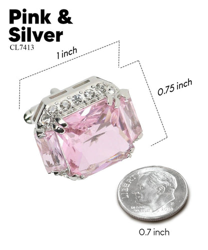 Vittorio Vico Large Rectangular Diamond Flanked Colorstone Crystal Cufflinks: CL 74XX Series - Pink and Silver - Cufflinks - Vittorio Vico