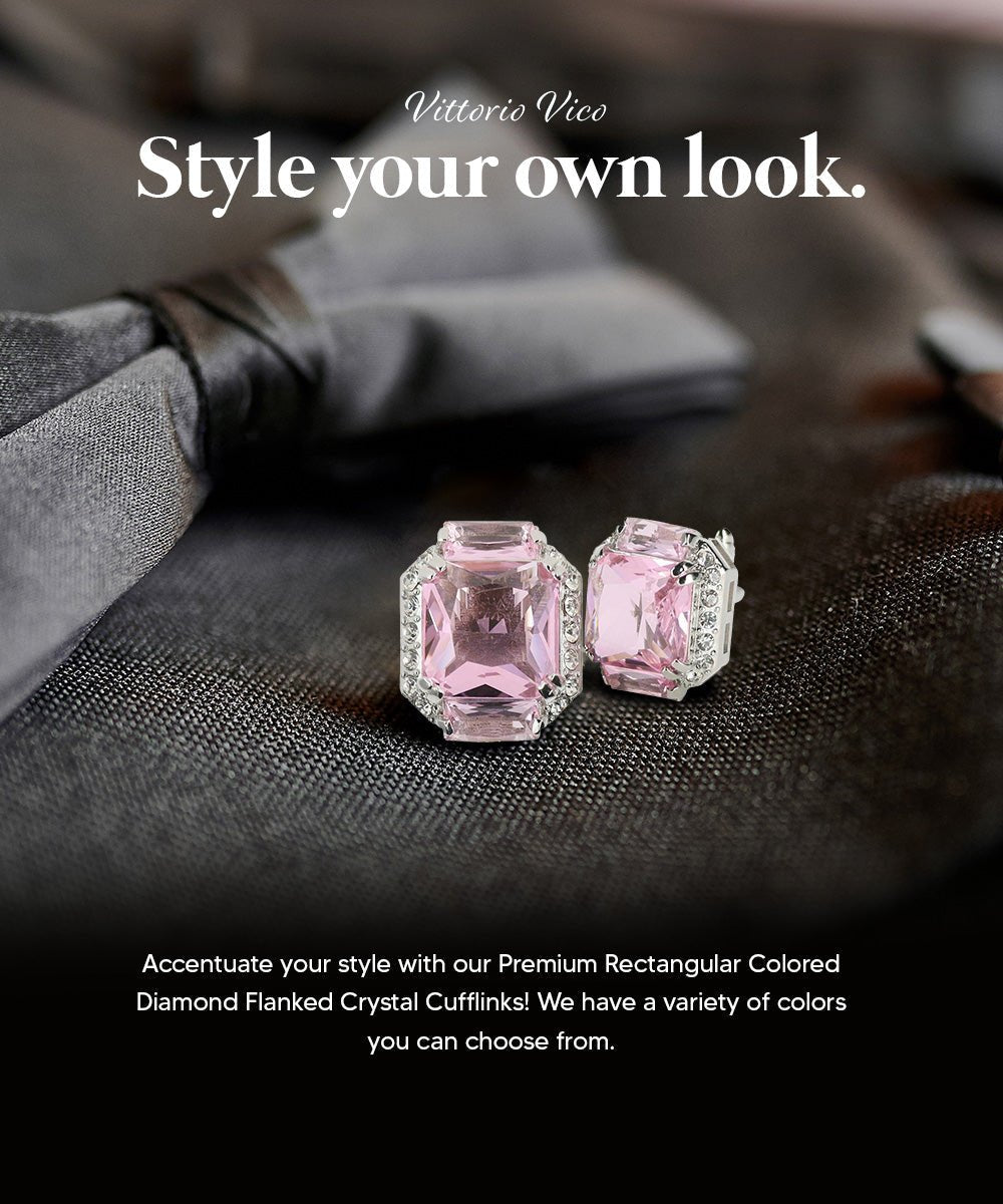 Vittorio Vico Large Rectangular Diamond Flanked Colorstone Crystal Cufflinks: CL 74XX Series - Pink and Silver - Cufflinks - Vittorio Vico