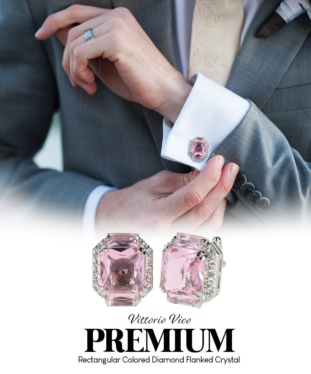 Vittorio Vico Large Rectangular Diamond Flanked Colorstone Crystal Cufflinks: CL 74XX Series - Pink and Silver - Cufflinks - Vittorio Vico
