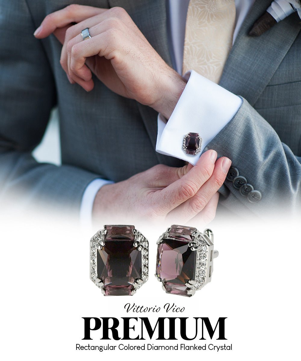 Vittorio Vico Large Rectangular Diamond Flanked Colorstone Crystal Cufflinks: CL 74XX Series - Purple and Silver - Cufflinks - Vittorio Vico