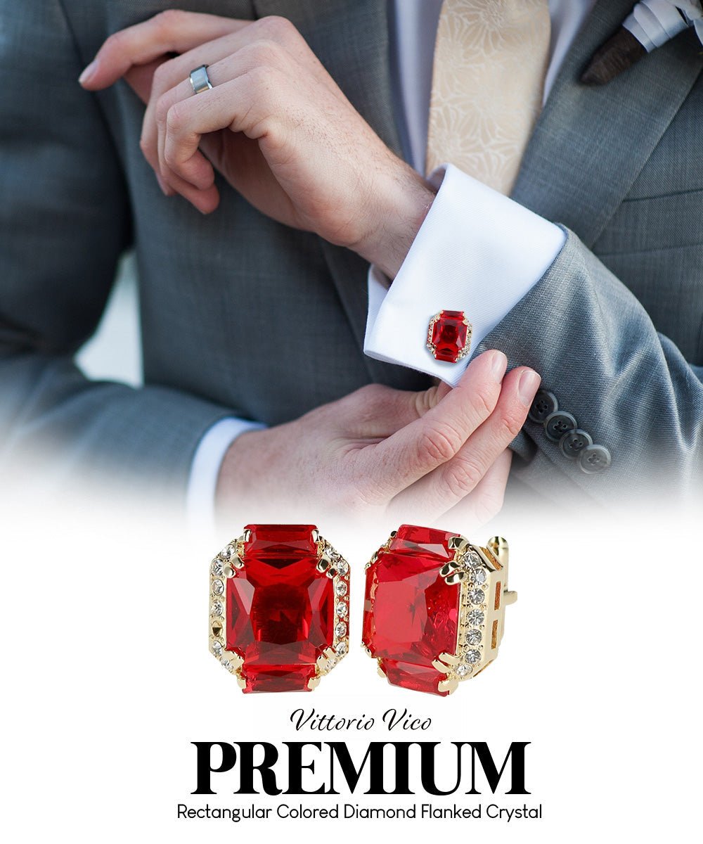 Vittorio Vico Large Rectangular Diamond Flanked Colorstone Crystal Cufflinks: CL 74XX Series - Red and Gold - Cufflinks - Vittorio Vico