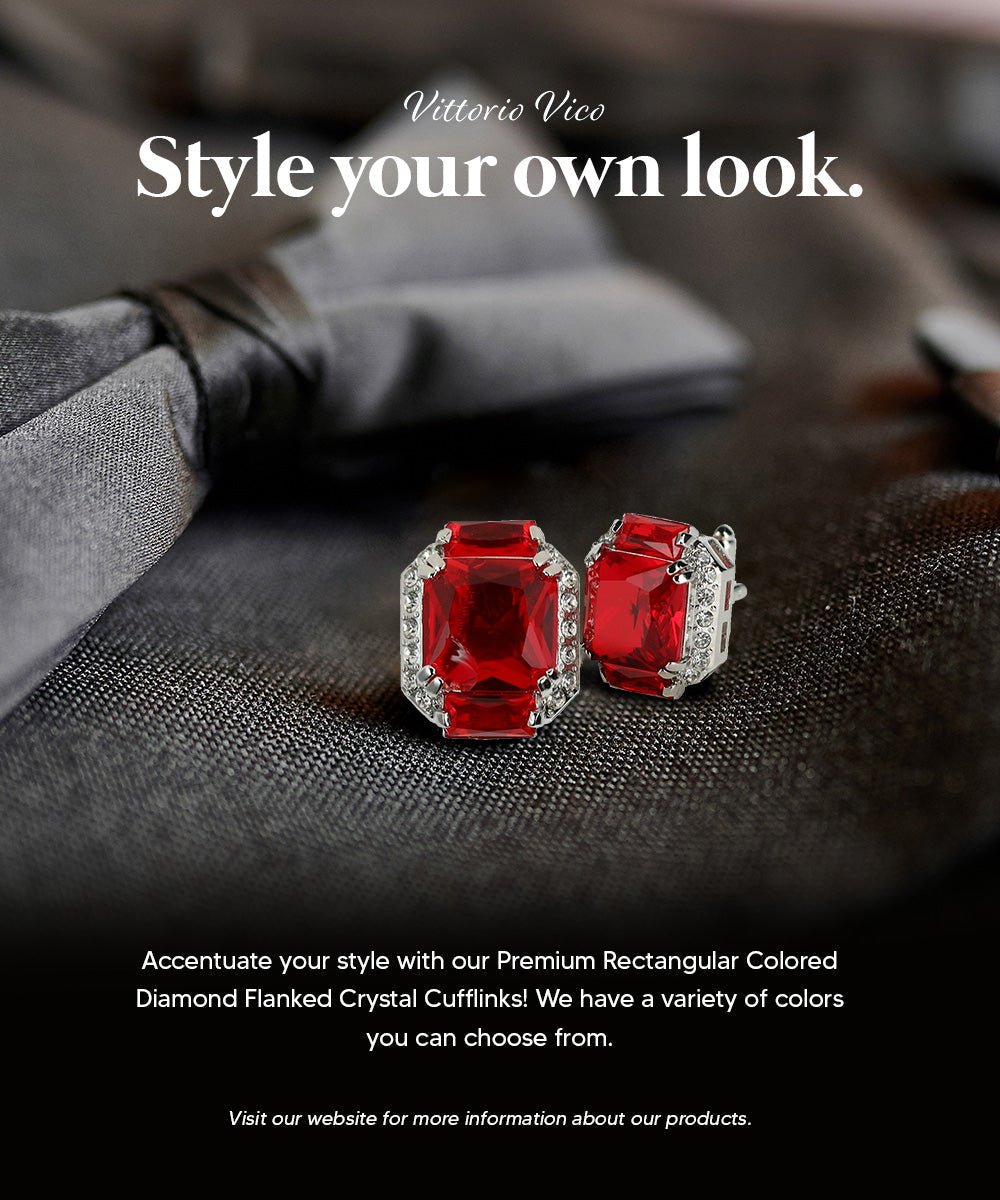 Vittorio Vico Large Rectangular Diamond Flanked Colorstone Crystal Cufflinks: CL 74XX Series - Red and Silver - Cufflinks - Vittorio Vico