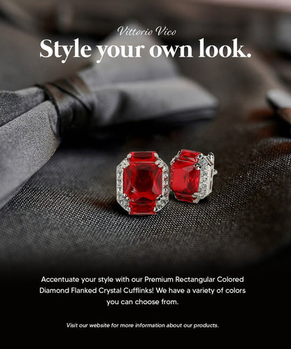 Vittorio Vico Large Rectangular Diamond Flanked Colorstone Crystal Cufflinks: CL 74XX Series - Red and Silver - Cufflinks - Vittorio Vico