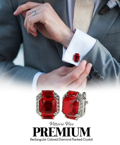 Vittorio Vico Large Rectangular Diamond Flanked Colorstone Crystal Cufflinks: CL 74XX Series - Red and Silver - Cufflinks - Vittorio Vico