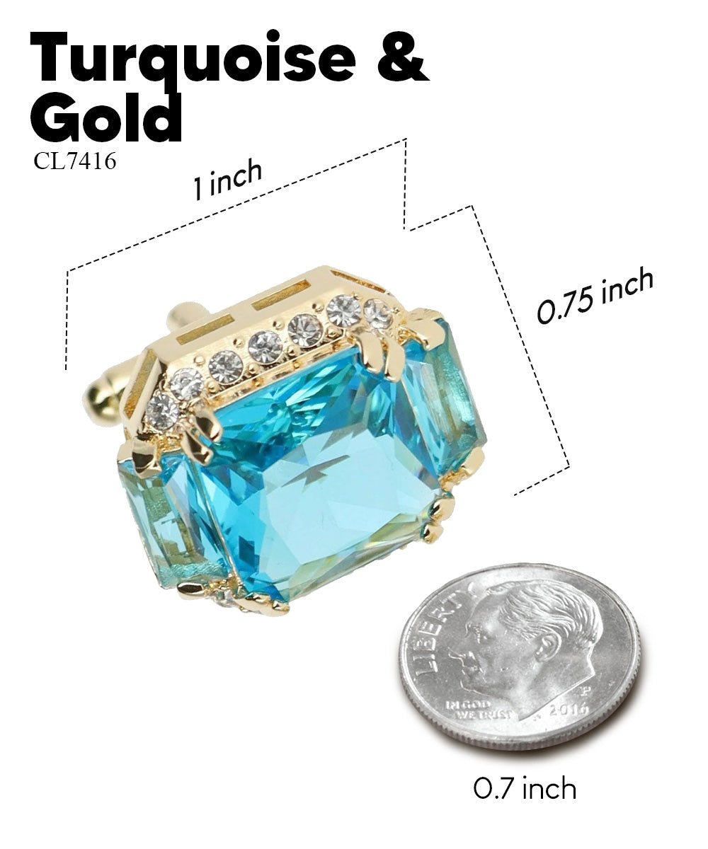 Vittorio Vico Large Rectangular Diamond Flanked Colorstone Crystal Cufflinks: CL 74XX Series - Turquoise and Gold - Cufflinks - Vittorio Vico
