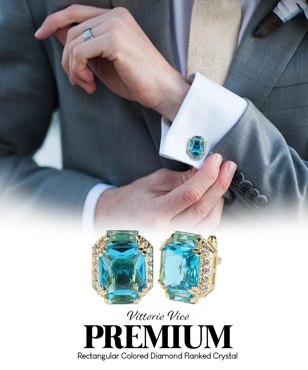 Vittorio Vico Large Rectangular Diamond Flanked Colorstone Crystal Cufflinks: CL 74XX Series - Turquoise and Gold - Cufflinks - Vittorio Vico