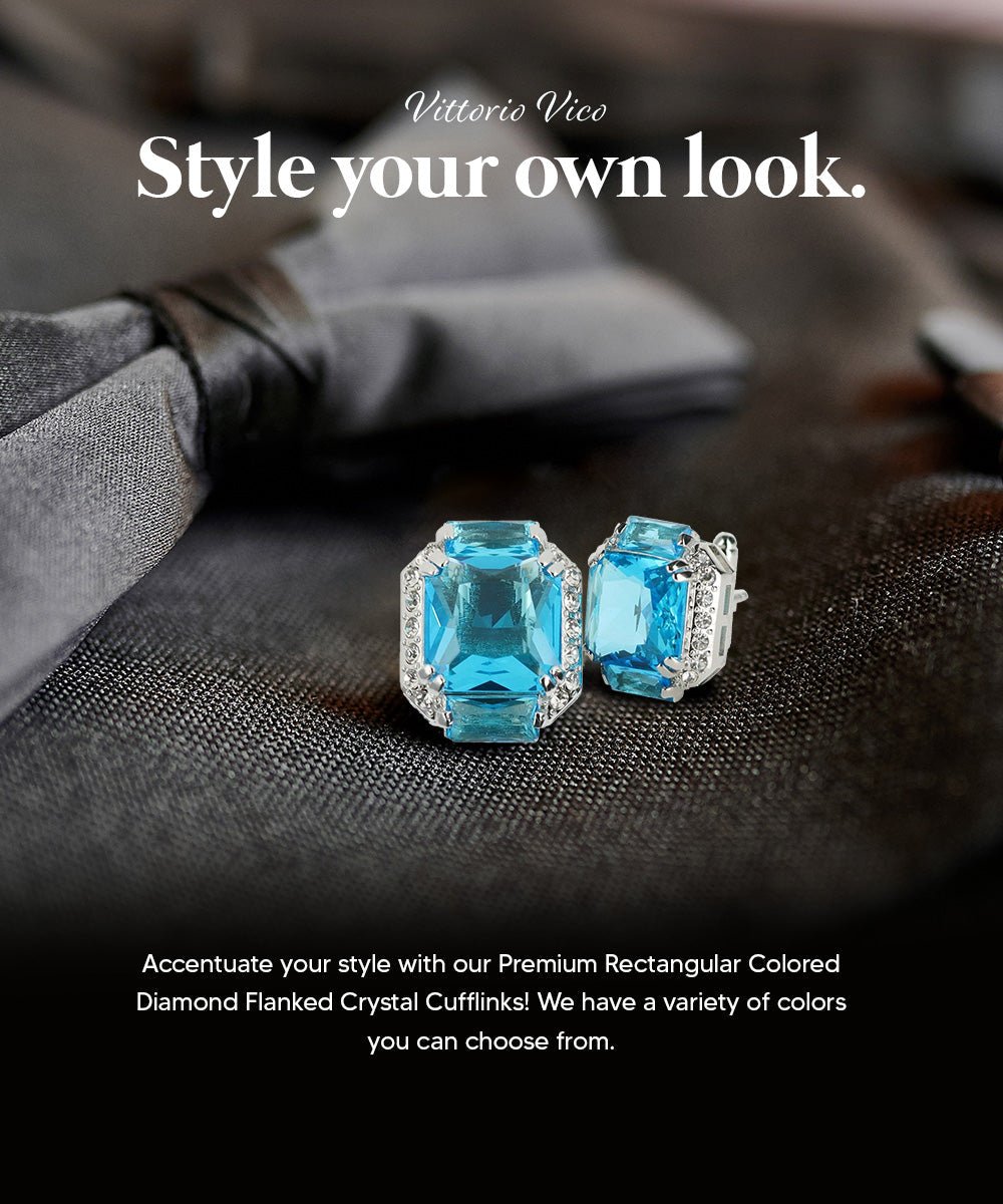 Vittorio Vico Large Rectangular Diamond Flanked Colorstone Crystal Cufflinks: CL 74XX Series - Turquoise and Silver - Cufflinks - Vittorio Vico