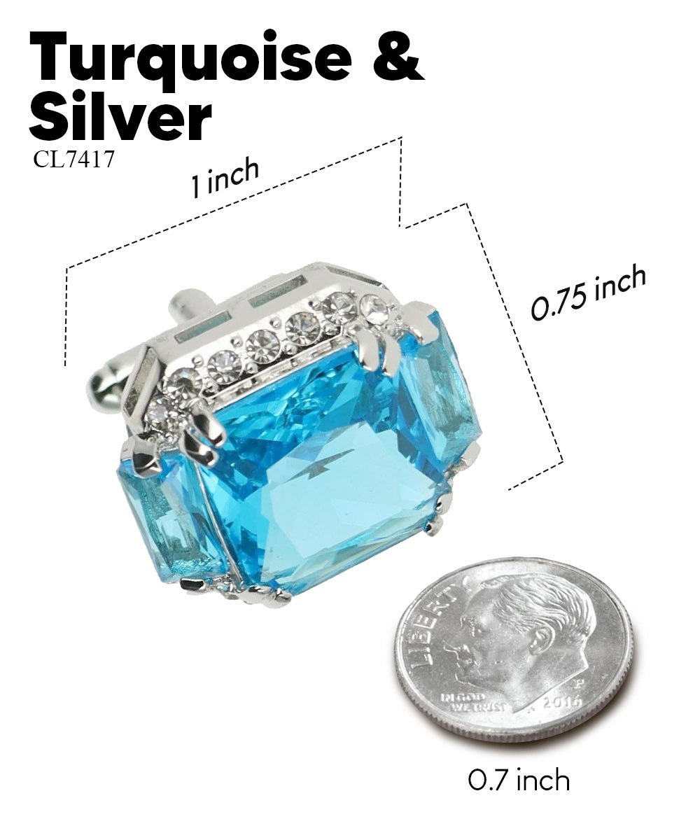 Vittorio Vico Large Rectangular Diamond Flanked Colorstone Crystal Cufflinks: CL 74XX Series - Turquoise and Silver - Cufflinks - Vittorio Vico