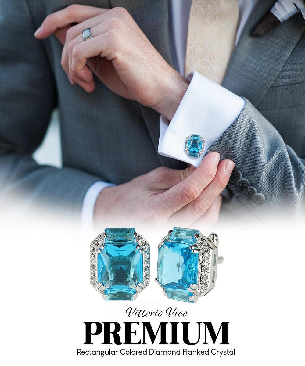 Vittorio Vico Large Rectangular Diamond Flanked Colorstone Crystal Cufflinks: CL 74XX Series - Turquoise and Silver - Cufflinks - Vittorio Vico