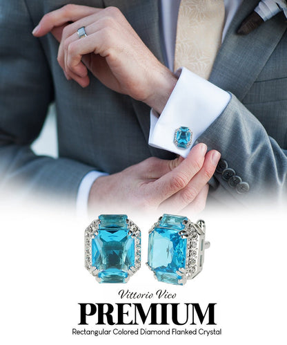 Vittorio Vico Large Rectangular Diamond Flanked Colorstone Crystal Cufflinks: CL 74XX Series - Turquoise and Silver - Cufflinks - Vittorio Vico