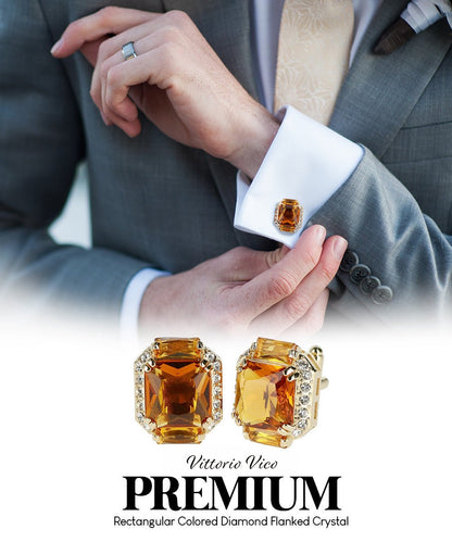 Vittorio Vico Large Rectangular Diamond Flanked Colorstone Crystal Cufflinks: CL 74XX Series - Yellow and Gold - Cufflinks - Vittorio Vico