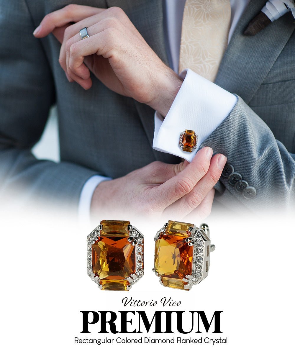 Vittorio Vico Large Rectangular Diamond Flanked Colorstone Crystal Cufflinks: CL 74XX Series - Yellow and Silver - Cufflinks - Vittorio Vico