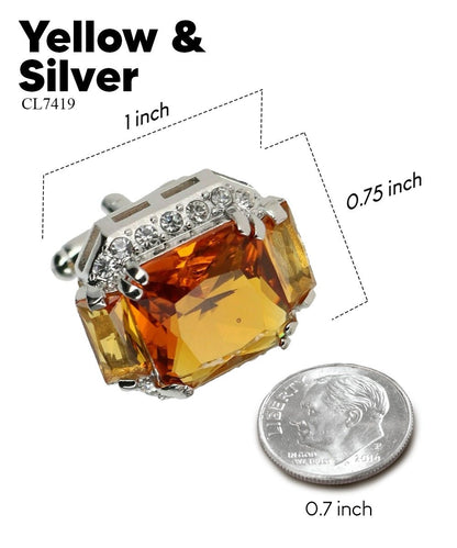 Vittorio Vico Large Rectangular Diamond Flanked Colorstone Crystal Cufflinks: CL 74XX Series - Yellow and Silver - Cufflinks - Vittorio Vico