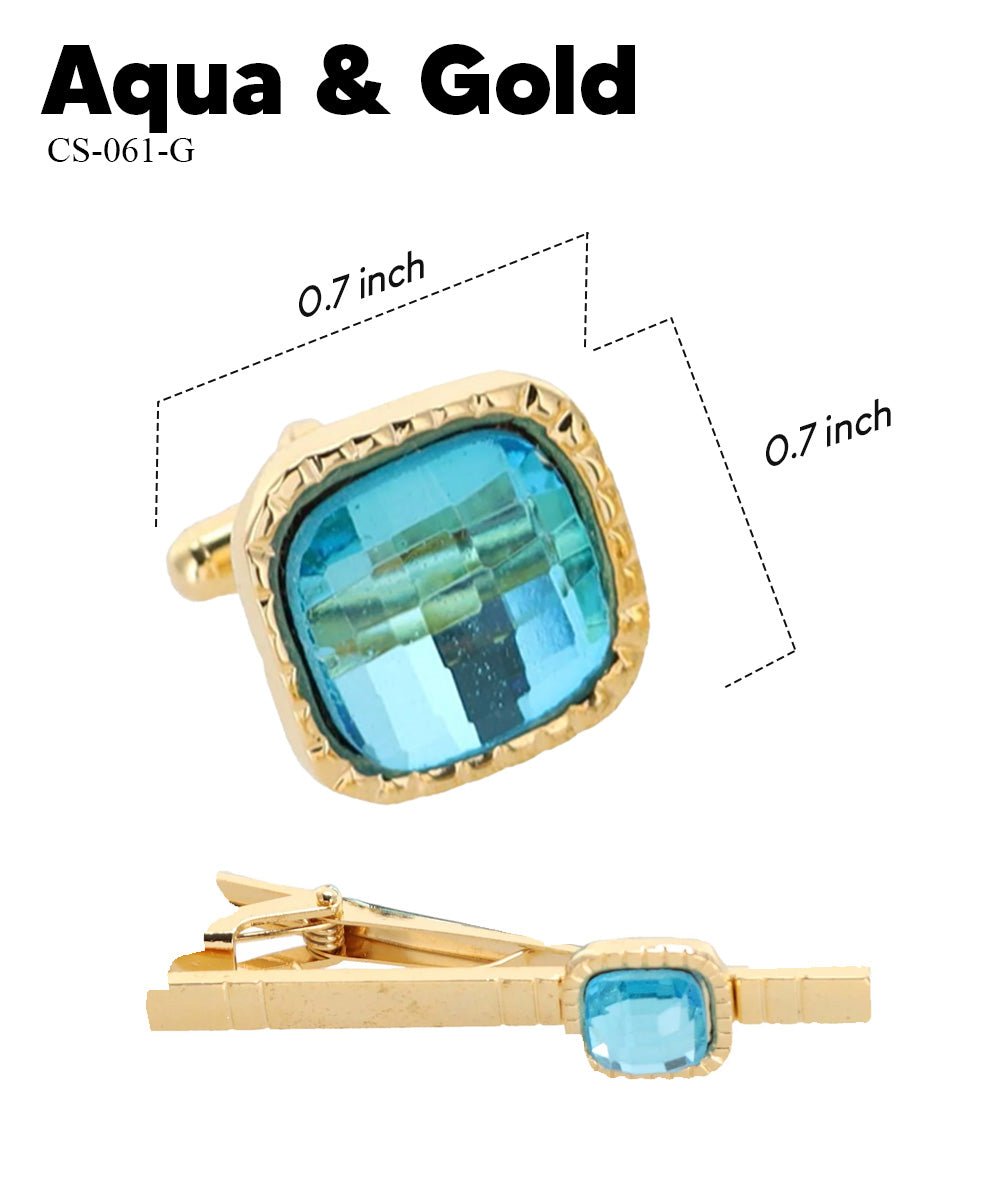 Vittorio Vico Men's Colored Crystal Cufflink & Tie Bar Set in Gift Box - Aqua and Gold - Cufflink & Tiebar Set - Vittorio Vico