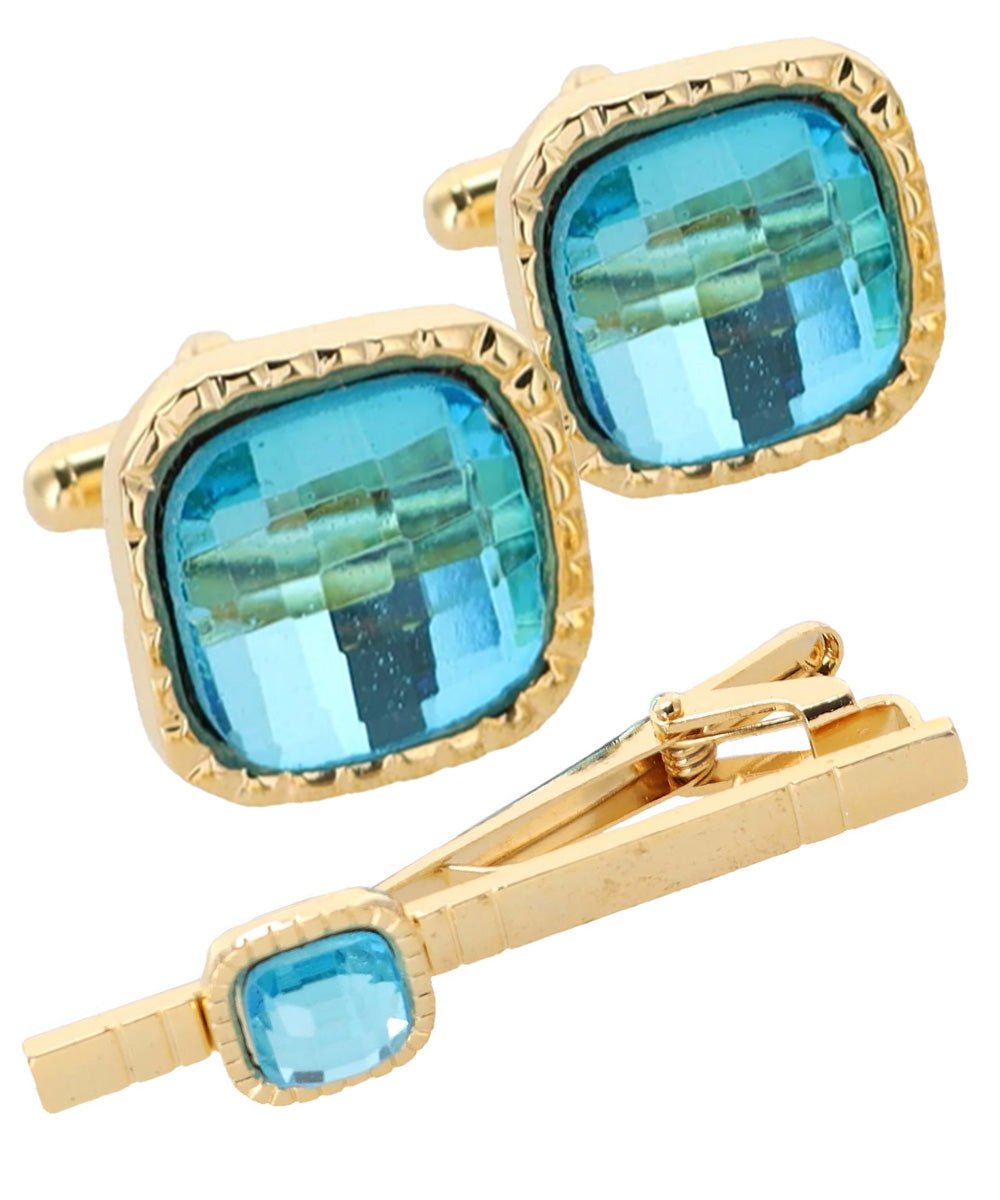 Vittorio Vico Men's Colored Crystal Cufflink & Tie Bar Set in Gift Box - Aqua and Gold - Cufflink & Tiebar Set - Vittorio Vico