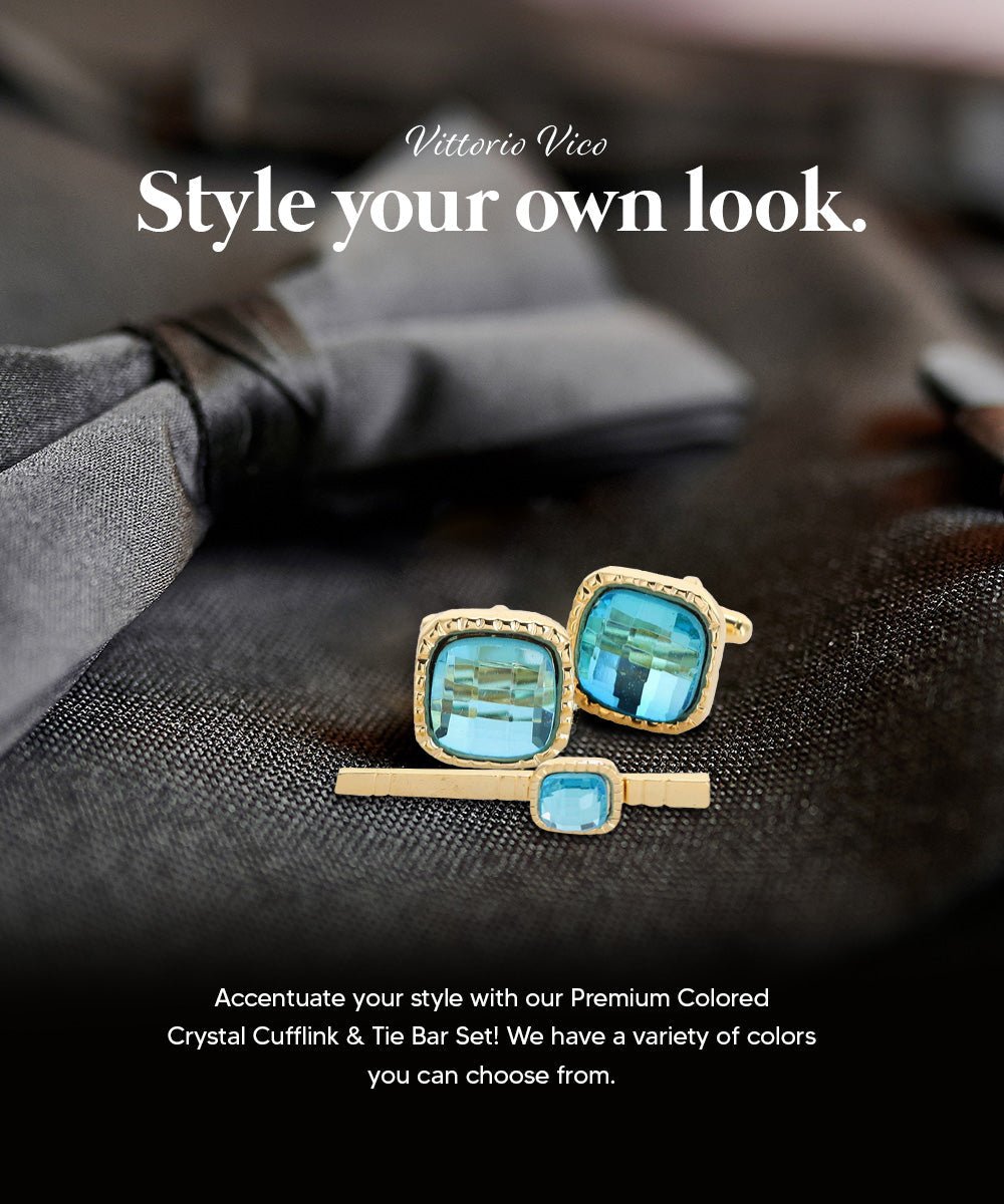 Vittorio Vico Men's Colored Crystal Cufflink & Tie Bar Set in Gift Box - Aqua and Gold - Cufflink & Tiebar Set - Vittorio Vico