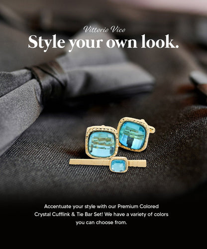 Vittorio Vico Men's Colored Crystal Cufflink & Tie Bar Set in Gift Box - Aqua and Gold - Cufflink & Tiebar Set - Vittorio Vico