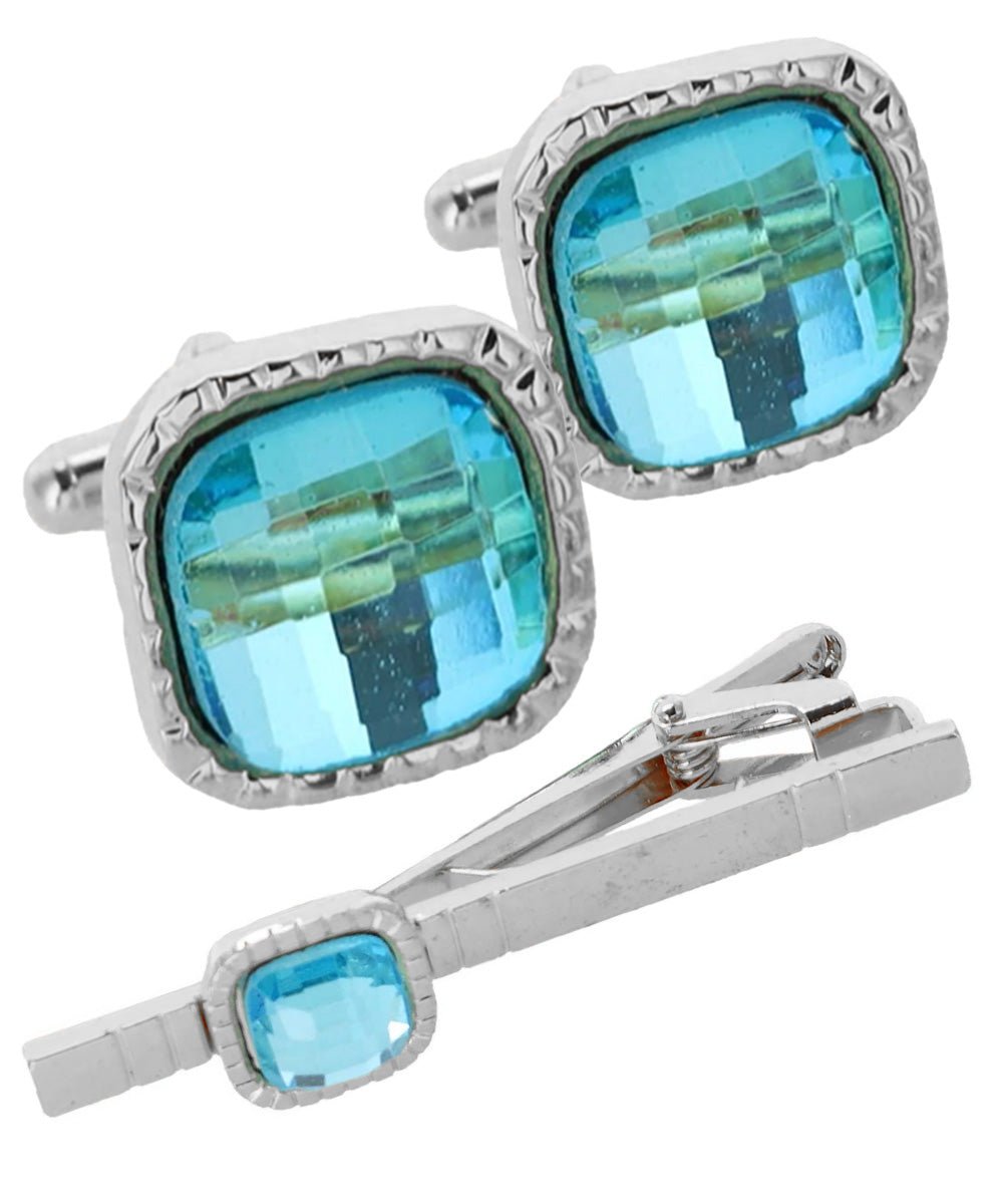 Vittorio Vico Men's Colored Crystal Cufflink & Tie Bar Set in Gift Box - Aqua and Silver - Cufflink & Tiebar Set - Vittorio Vico