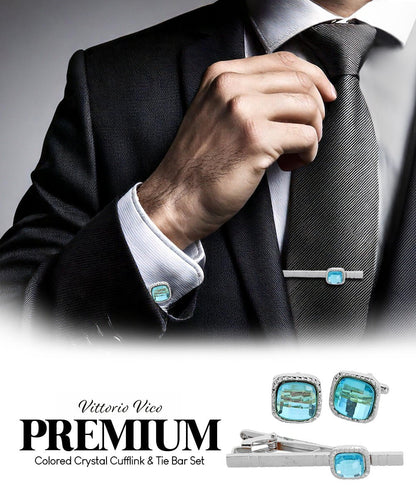 Vittorio Vico Men's Colored Crystal Cufflink & Tie Bar Set in Gift Box - Aqua and Silver - Cufflink & Tiebar Set - Vittorio Vico