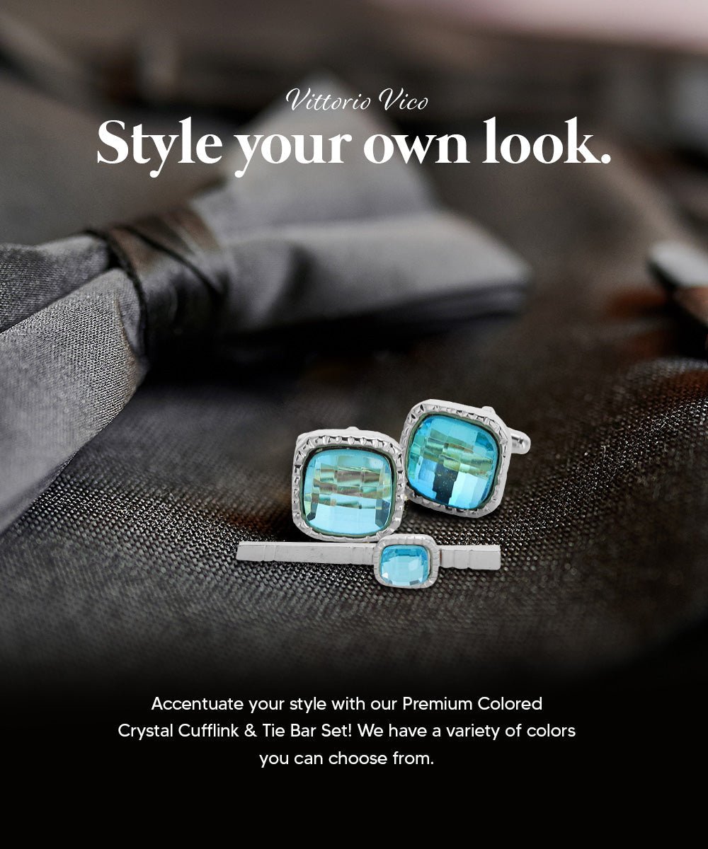 Vittorio Vico Men's Colored Crystal Cufflink & Tie Bar Set in Gift Box - Aqua and Silver - Cufflink & Tiebar Set - Vittorio Vico