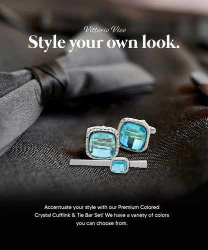 Vittorio Vico Men's Colored Crystal Cufflink & Tie Bar Set in Gift Box - Aqua and Silver - Cufflink & Tiebar Set - Vittorio Vico