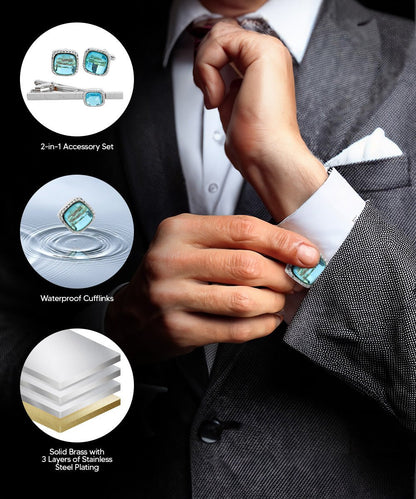 Vittorio Vico Men's Colored Crystal Cufflink & Tie Bar Set in Gift Box - Aqua and Silver - Cufflink & Tiebar Set - Vittorio Vico
