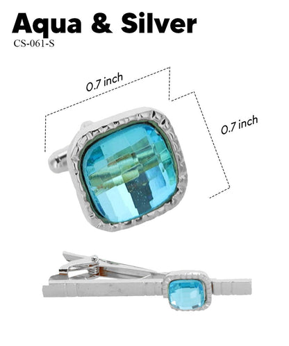Vittorio Vico Men's Colored Crystal Cufflink & Tie Bar Set in Gift Box - Aqua and Silver - Cufflink & Tiebar Set - Vittorio Vico