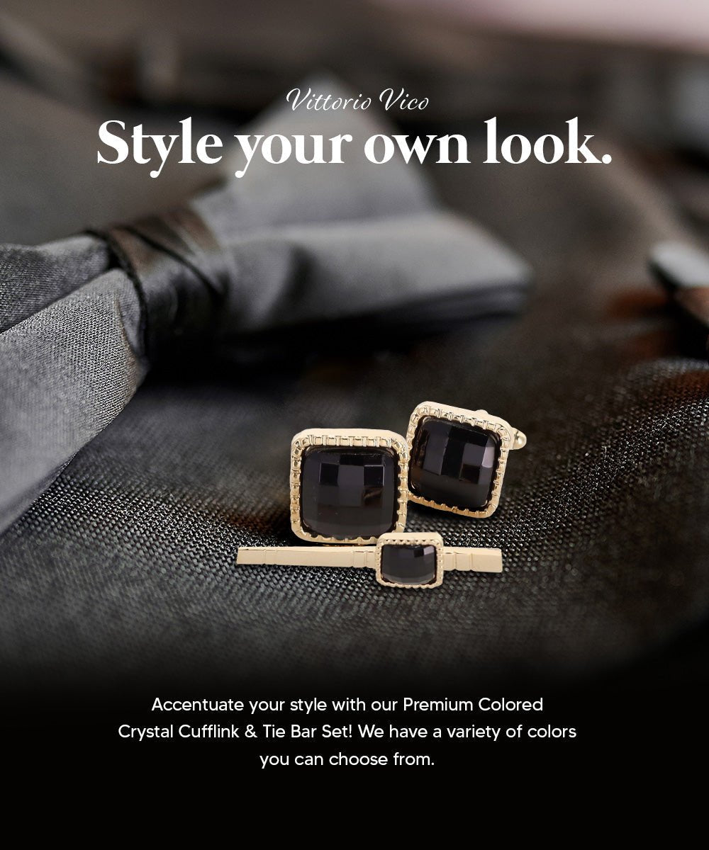 Vittorio Vico Men's Colored Crystal Cufflink & Tie Bar Set in Gift Box - Black and Gold - Cufflink & Tiebar Set - Vittorio Vico