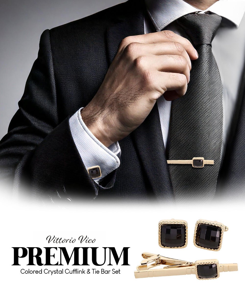 Vittorio Vico Men's Colored Crystal Cufflink & Tie Bar Set in Gift Box - Black and Gold - Cufflink & Tiebar Set - Vittorio Vico