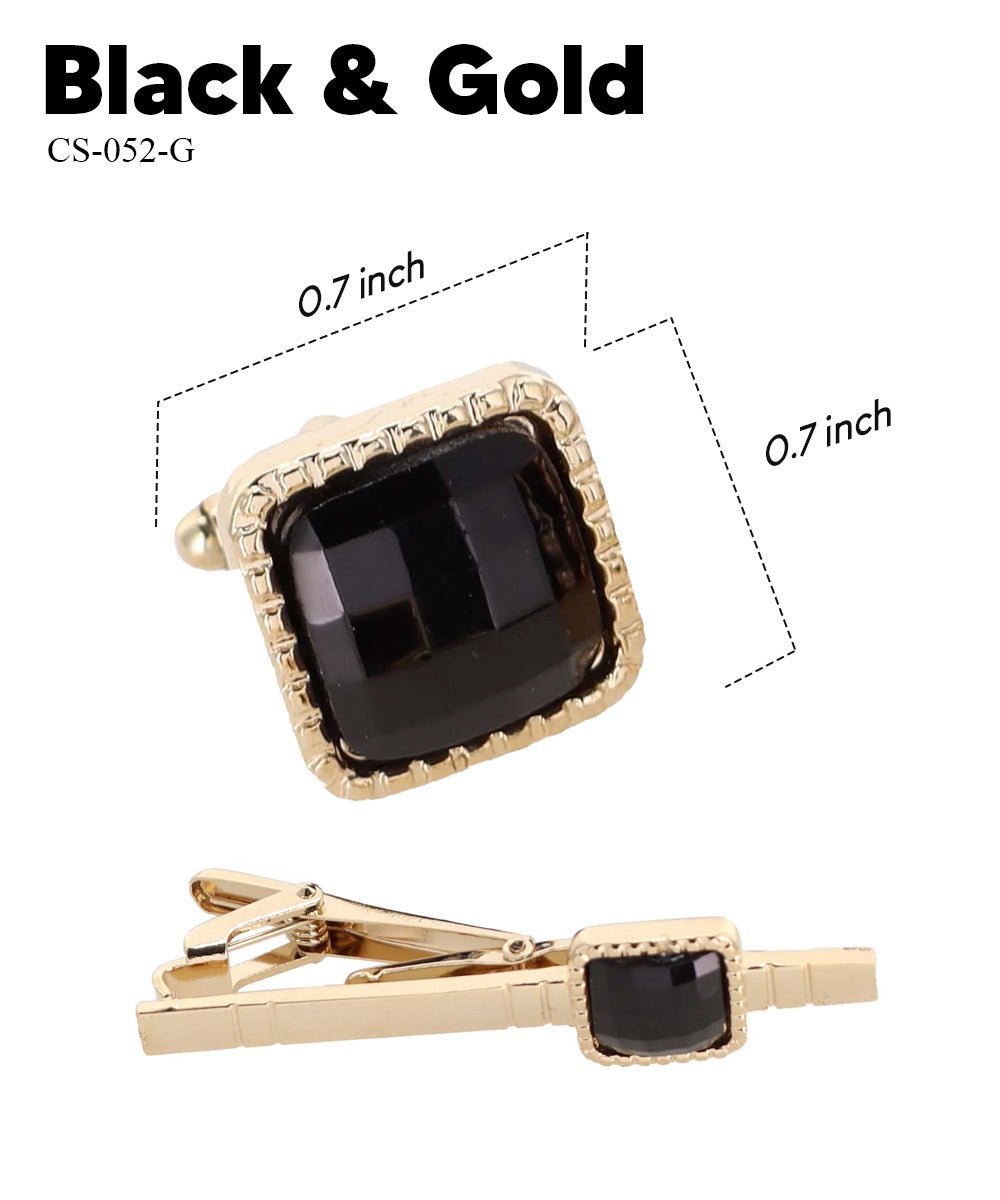 Vittorio Vico Men's Colored Crystal Cufflink & Tie Bar Set in Gift Box - Black and Gold - Cufflink & Tiebar Set - Vittorio Vico