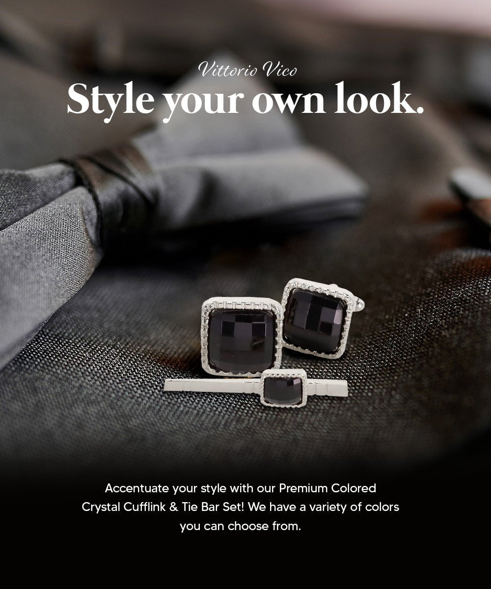 Vittorio Vico Men's Colored Crystal Cufflink & Tie Bar Set in Gift Box - Black and Gold - Cufflink & Tiebar Set - Vittorio Vico