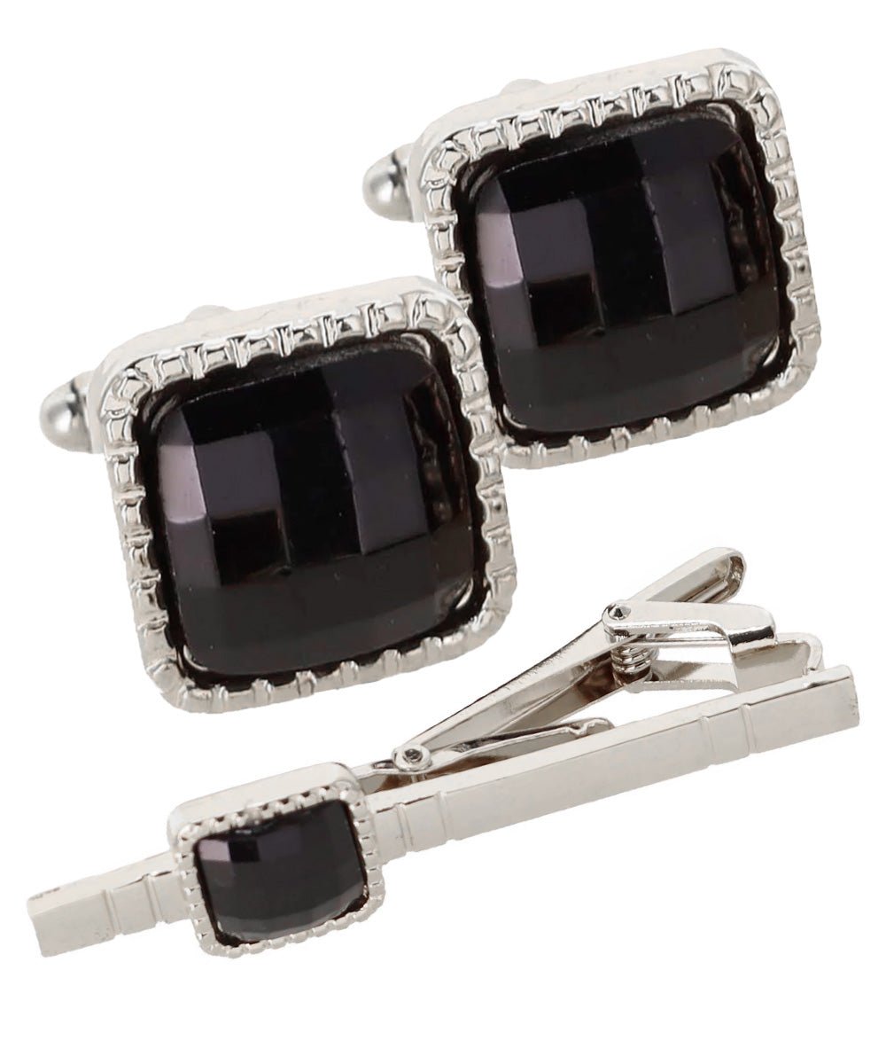Vittorio Vico Men's Colored Crystal Cufflink & Tie Bar Set in Gift Box - Black and Gold - Cufflink & Tiebar Set - Vittorio Vico