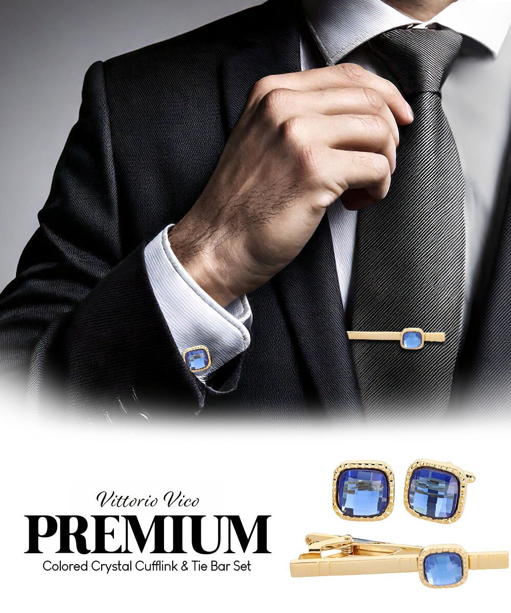 Vittorio Vico Men's Colored Crystal Cufflink & Tie Bar Set in Gift Box - Blue and Gold - Cufflink & Tiebar Set - Vittorio Vico