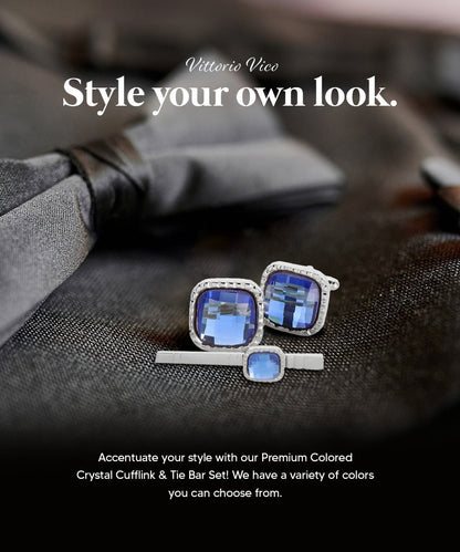 Vittorio Vico Men's Colored Crystal Cufflink & Tie Bar Set in Gift Box - Clear and Gold - Cufflink & Tiebar Set - Vittorio Vico