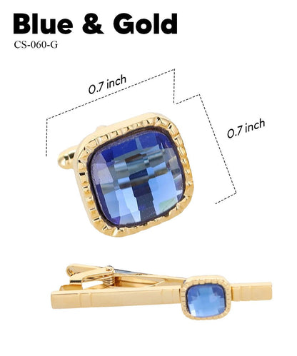 Vittorio Vico Men's Colored Crystal Cufflink & Tie Bar Set in Gift Box - Blue and Gold - Cufflink & Tiebar Set - Vittorio Vico